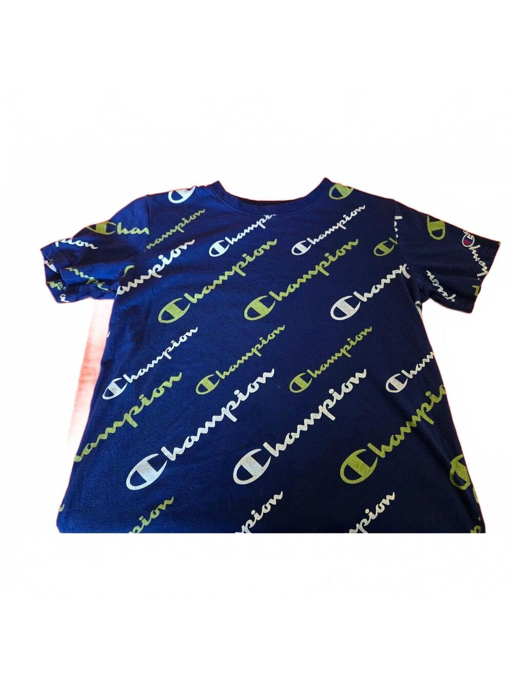 Champion Boys' Blue All-Over Logo T-Shirt, Size Large, Very Good Condition